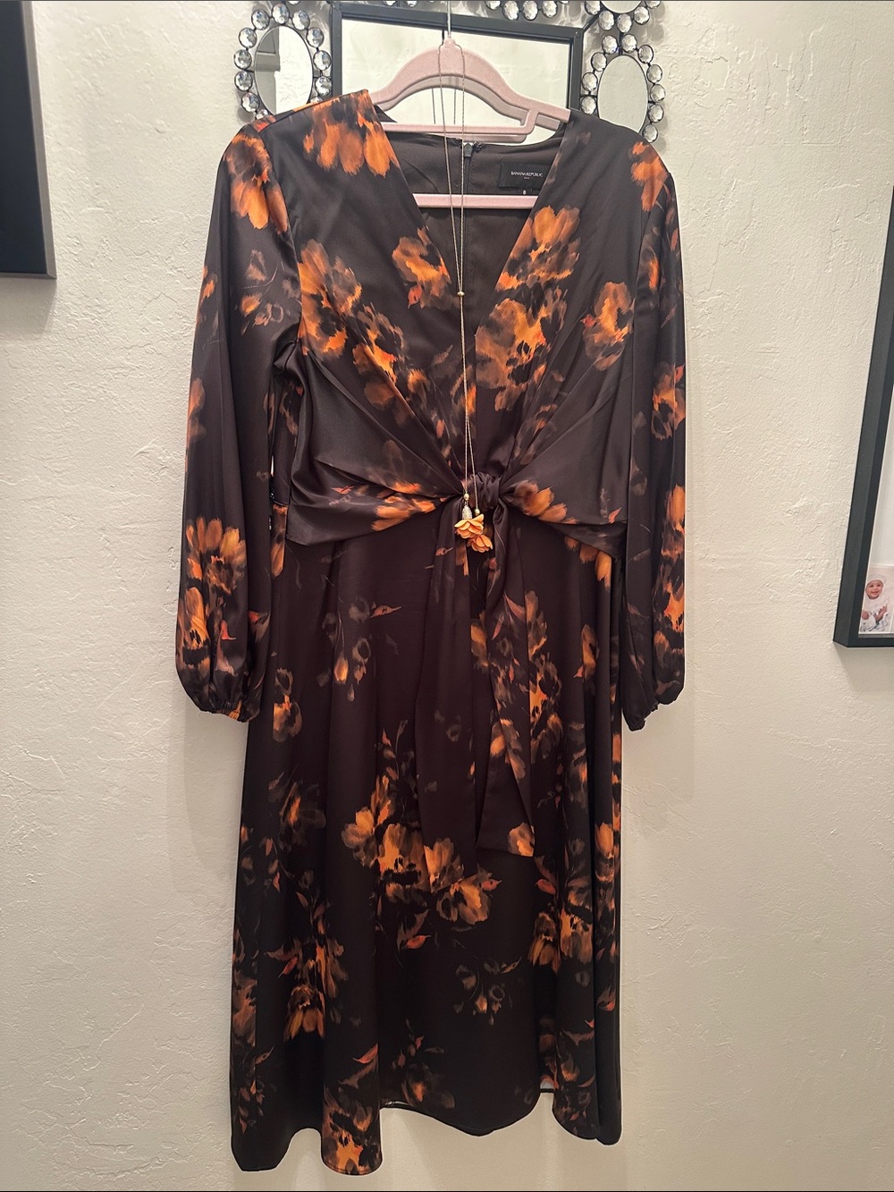 Banana Republic Long-Sleeve Knot Front Floral Dress dtess in Brown and Orange